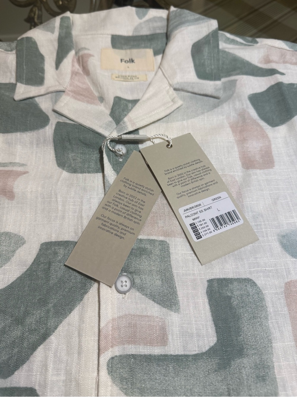 Folk Linen-Blend Shirt with Sage Green & Blush Print - Men’s Large - Picture 6 of 8